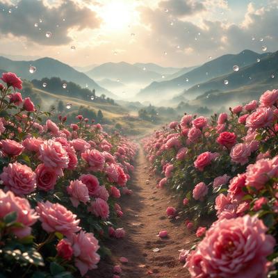 The primary subject of the image is a path surrounded by a field of pink flowers. The setting is a beautiful, lush mountain landscape with a sunny day. The visual style is a combination of photo and digital art, creating a vibrant and colorful scene. The dominant colors are pink and red, giving the image a warm and inviting atmosphere.